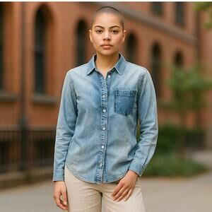 VOLCOM Denim Blue Jean Long Sleeve Button Up Down Shirt ~ Woman's Size 10